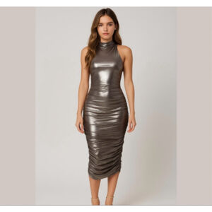 Loragal 2XL Silver Metallic Slinky Ruched Tie Cami Tank Top Festival Club dress